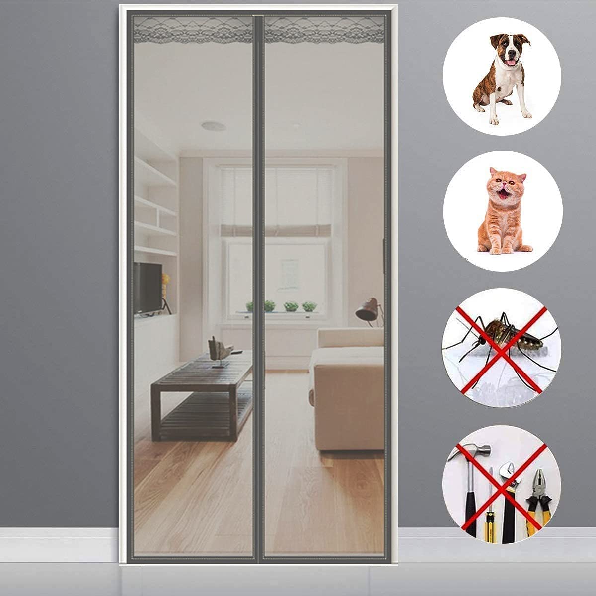 MagnéTique Moustiquaire Porte, 105x230cm Anti Insectes Mesh Curtain Moustiquaire Porte Fenetre Fermeture Automatique Pour Balcon, Couloirs, Portes Patio, Baie Vitree, Coulissante, Gris A