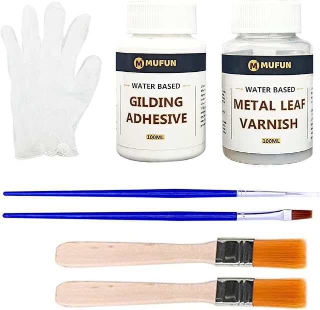 Gold Leaf Adhesive Gilding Set, Gilding Adhesive/Metal Leaf Adhesive Kit for Arts and Crafts Use (100ml Water Based Metal Leaf Glue + 100ml Gold Leaves Varnish Sealer + 4 Brushes + 2 Gloves)
