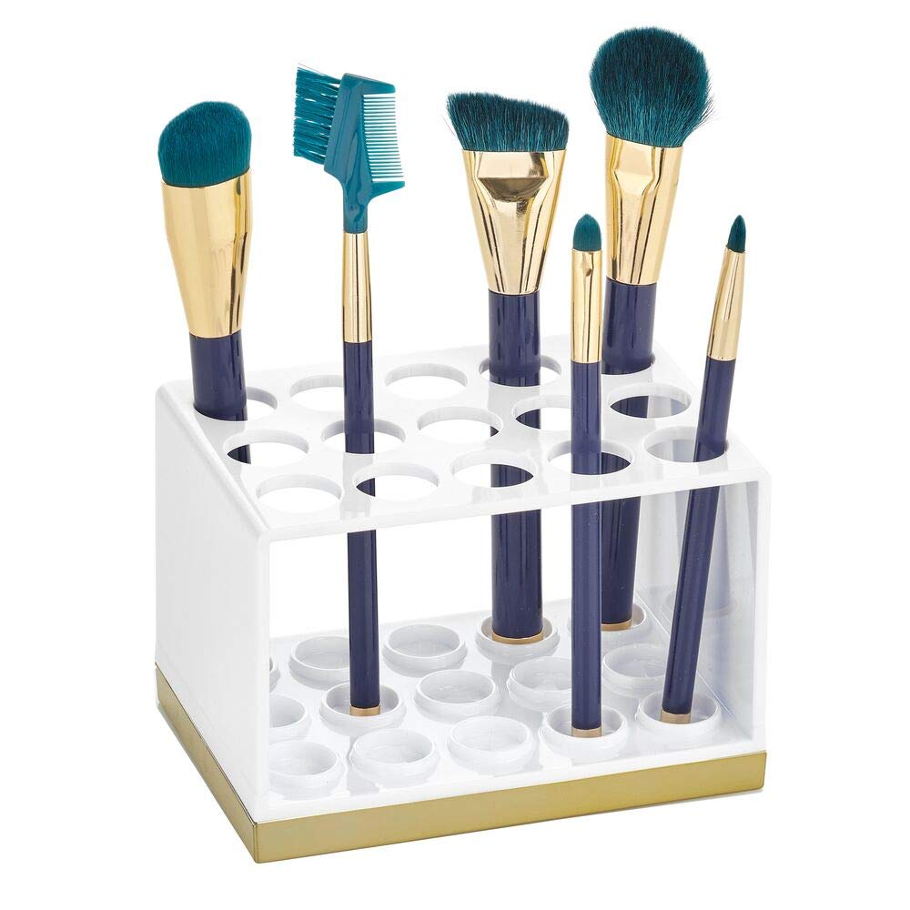 mDesignMakeup Brush Holder – Cosmetic Organiser for Dressing Tables and Countertops – Makeup Storage with 15 Compartments for Makeup and Powder Brushes – White/Brass