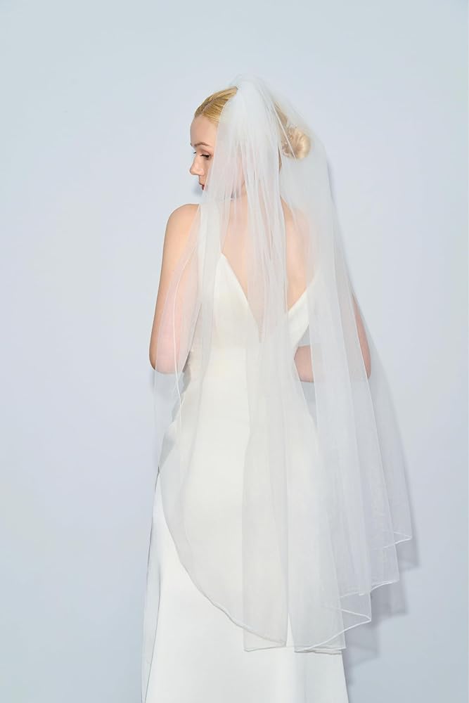 Simple Cut Edge Single Tier Tulle Bridal Chapel Length Wedding Veils