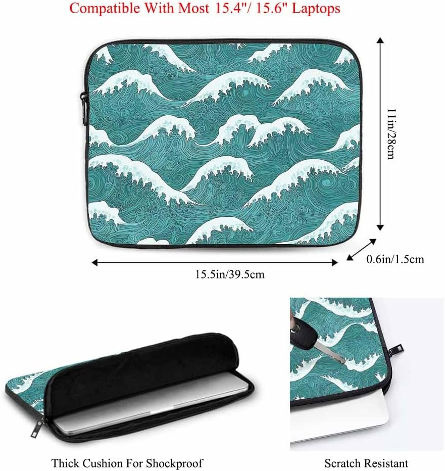 Laptop Sleeve Bag 15.4 15.6 Inch,Sea Wave Japanese Style Water Green Protective Polyester Computer Cases Laptop Cover Briefcase Bag Tablet Travel Cover - Image 3