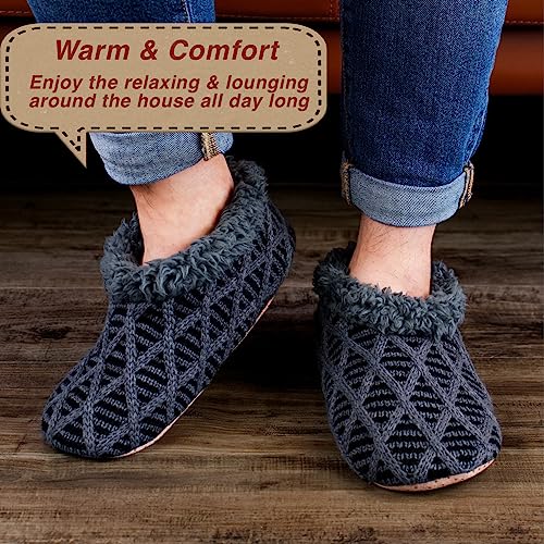 2-Pair Men's Slipper Socks Fluffy Sherpa Lined, Winter Cable Knit Warm Gripper Sock Set Non-Skid Soles, Cozy Gifts for Men, Sizes 8-154