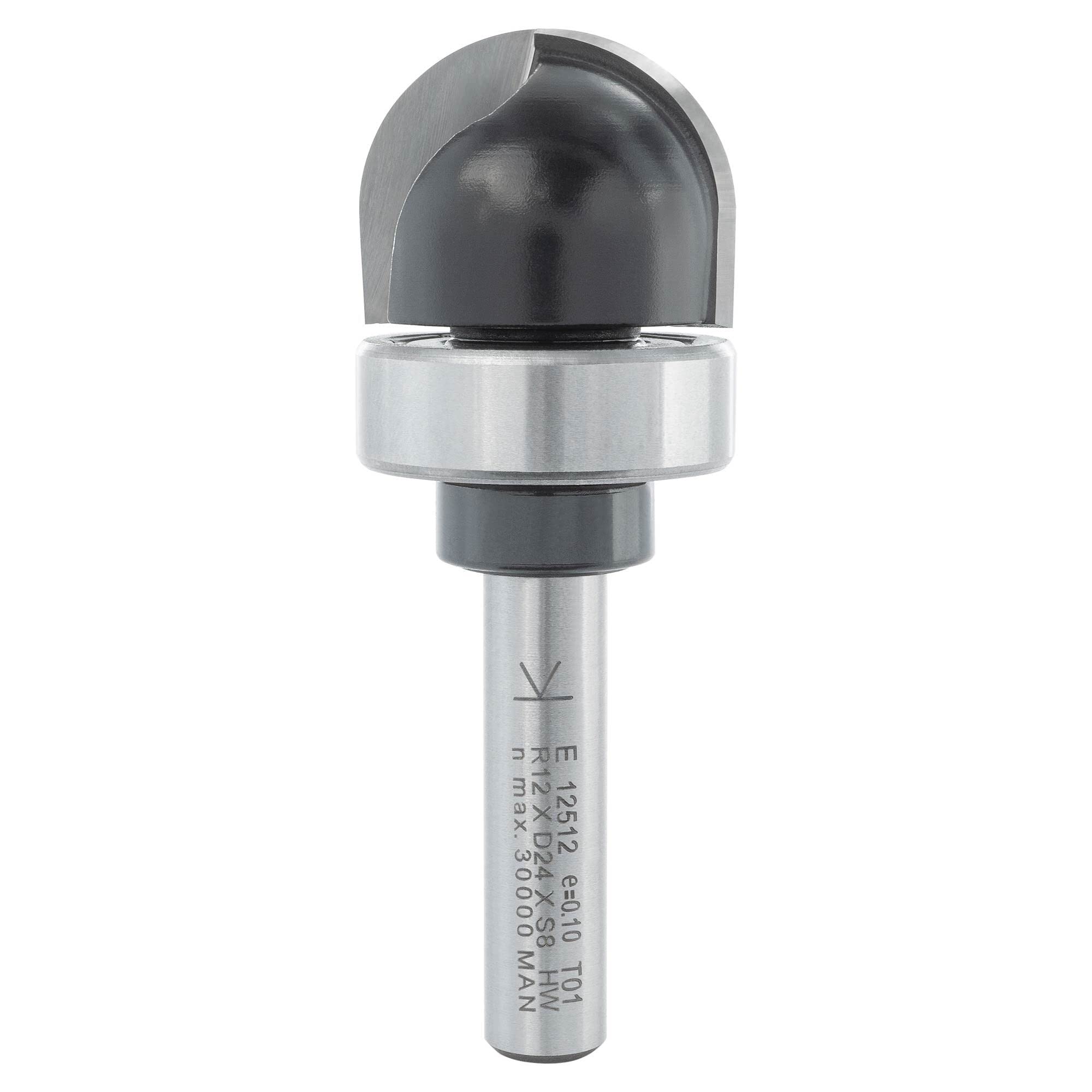 ENT 12512 Fresa para molduras cóncavas, en carburo, vástago (S) de 8 mm, radio (R) de 12 mm, D 24 mm, NL 18 mm, SL 32 mm, con rodamiento de bolas, trabajos en madera, fresadora