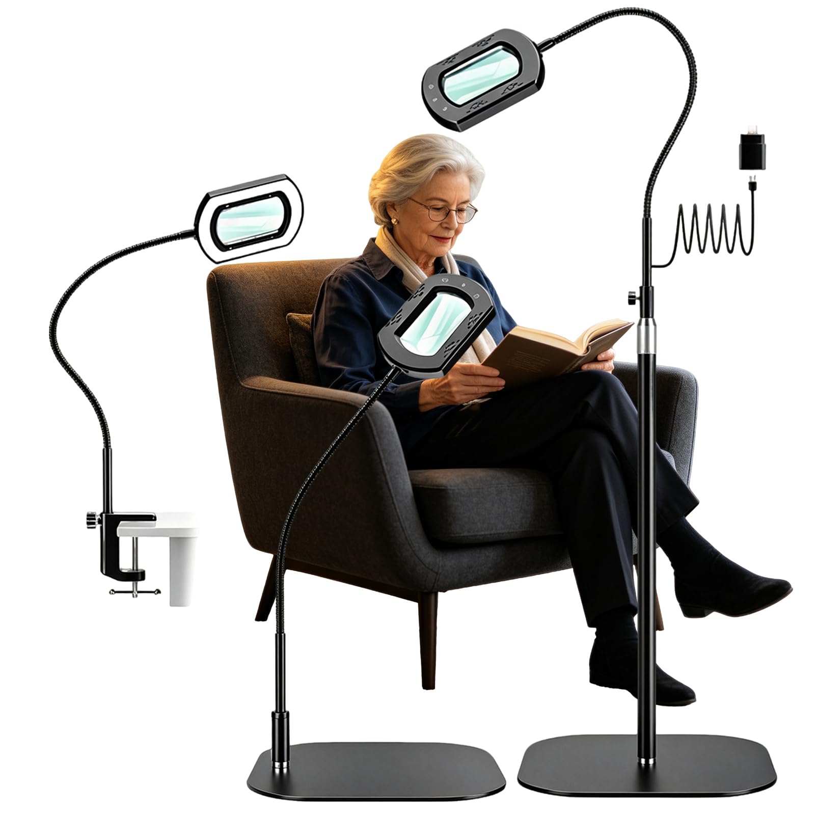 Loupe Grossissante 10x avec LumièRe Et Support, Lampe Loupe 3 en 1 avec 60 LED Et 5 Modes Couleur Grande Lampe Loupe Flexible à Col Cygne pour Seniors Et Loisirs CréAtifs Chambre Salon Bureau
