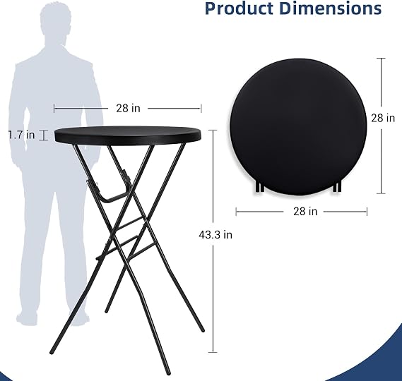Byliable 28in Folding Cocktail Table, Round Bar Height Table, Black 2-Pack
