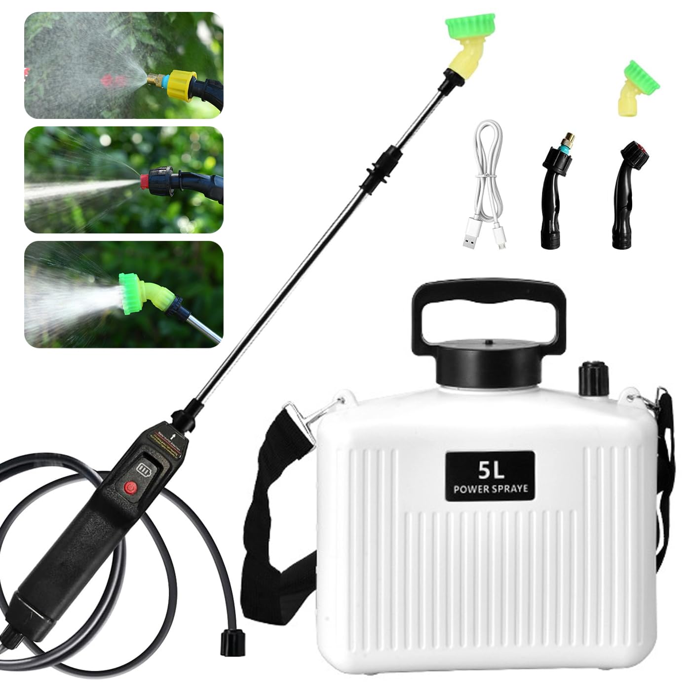 Pompa a pressione da giardino, spruzzatore elettrico a batteria con 3 ugelli nebulizzatori, bacchetta retrattile, ricaricabile tramite USB, per uso esterno