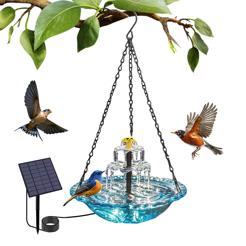 RNPKZ Solar Cascade Hanging Bird Bath Fountain, Hanging Bird Bath with Solar Fountain, Hanging Humming Birdbath with SolarPump & GlassBowl, Solar Bird Bath Fountain for Garden Yard Patio (Blue)