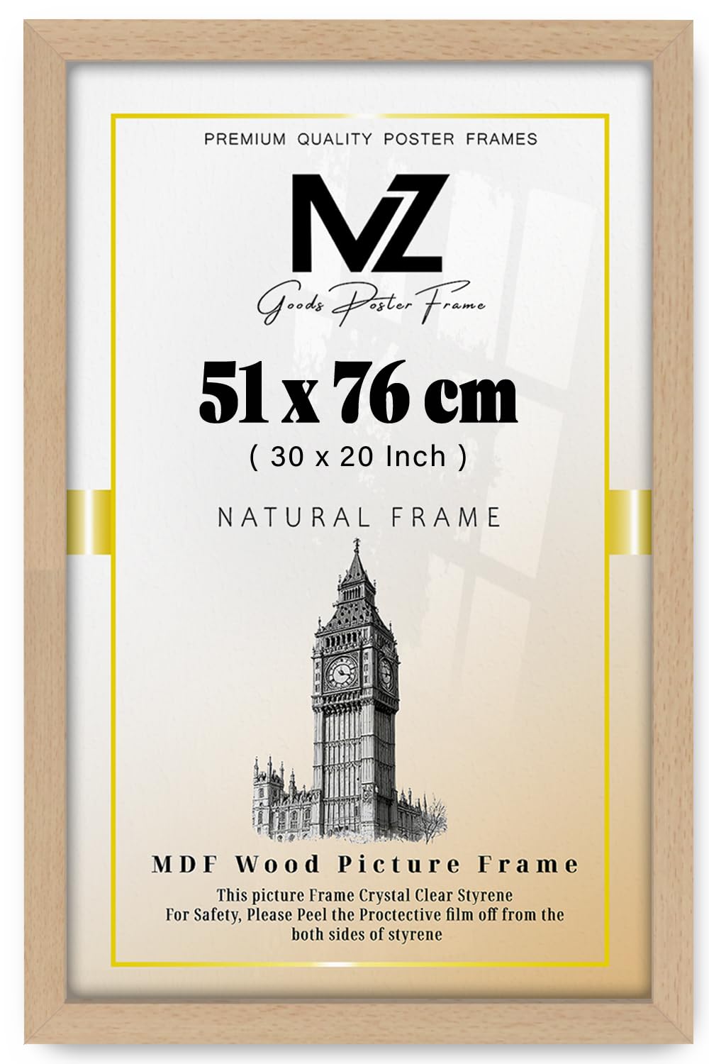 Mz Goods Beech | Mdf Picture Frame (51 X 76 Cm) 20 X 30 For Posters, Artwork & Wall Décor, Elegant Mdf Finish, Secure Hanging Hooks Included [ ]