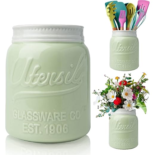Comfify Wide Mouth Mason Jar Utensil Holder Decorative Kitchenware Organizer Crock, Chip Resistant Ceramic, Dishwasher Safe - Kitchen Caddy Green, Large Size 7" High