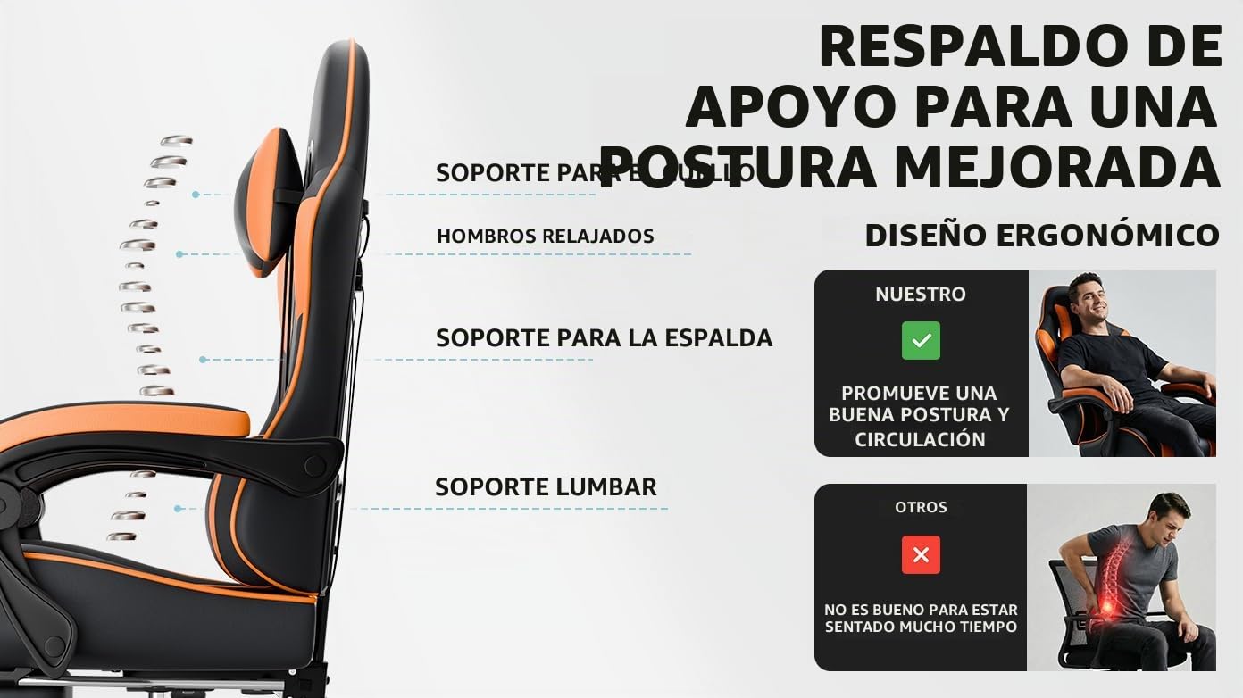 Silla ergonómica para videojuegos, con reposapiés, reposabrazos ajustables, silla de oficina, silla ergonómica para ordenador con soporte lumbar, color negro y naranja