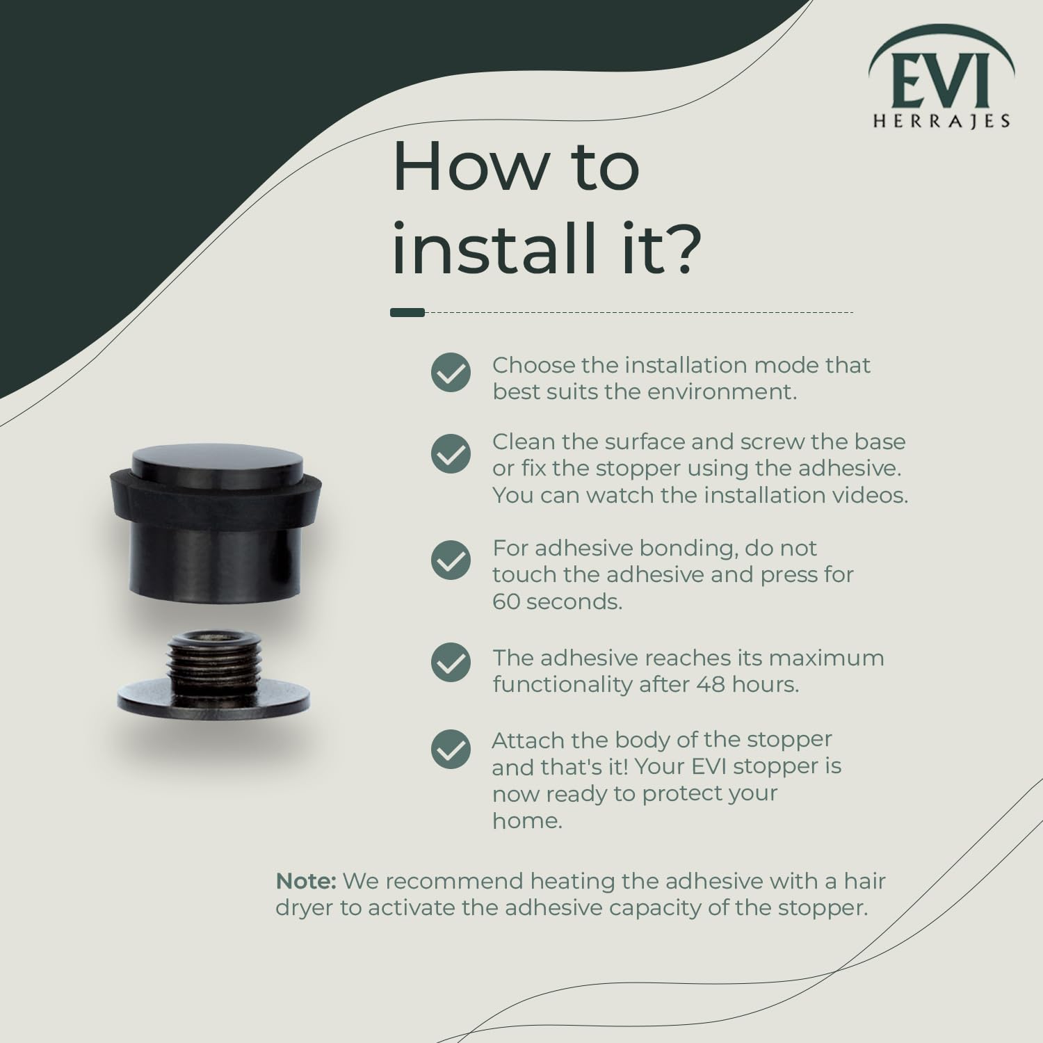 Fermaporta Adesivo EVI In Acciaio Inox - Gomma Silicone Nera, 45x14mm, Design Moderno E Discreto - Foto 9