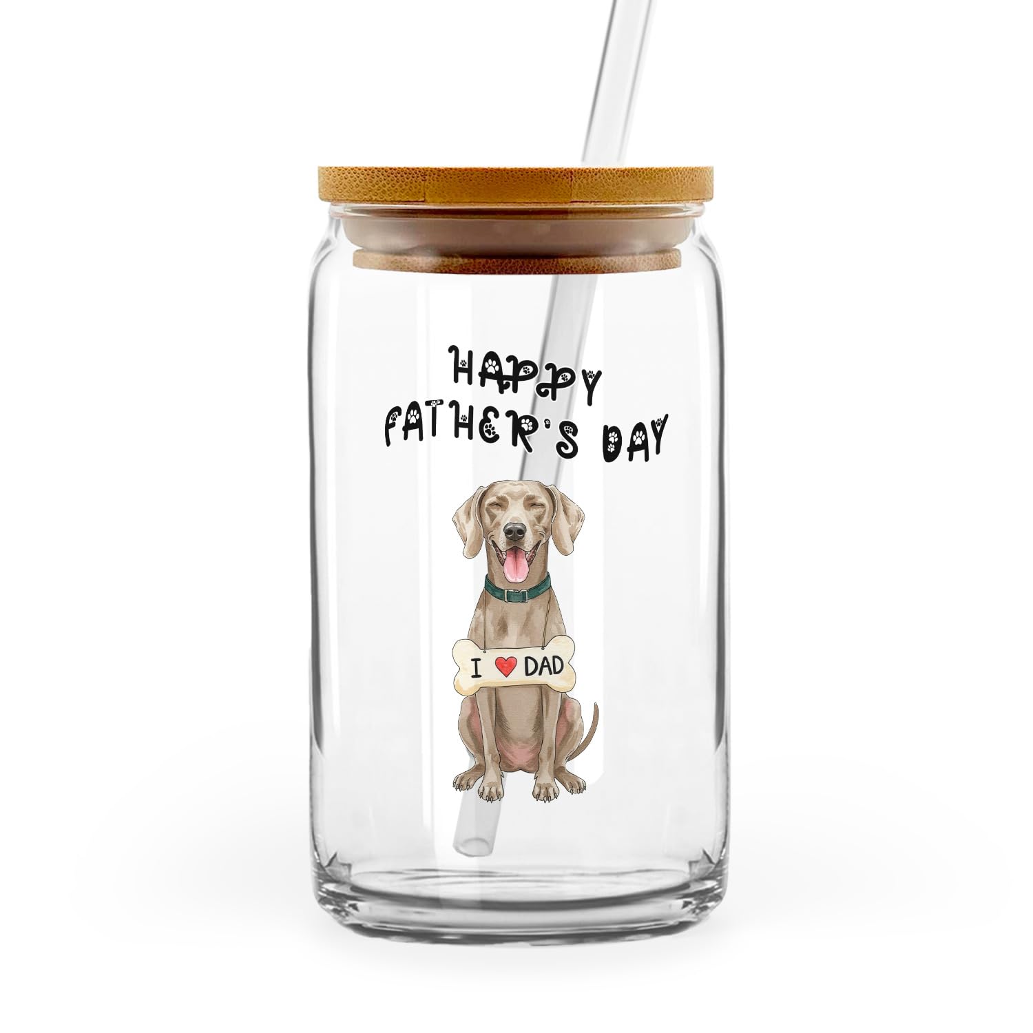 Ninety3POD Cute Weimaraner Loves Dad Happy Father's Day Glass Cup Mug Weim Gray Ghost Dog Lover 16oz Glass Can with Bamboo Lid and Straw 12008