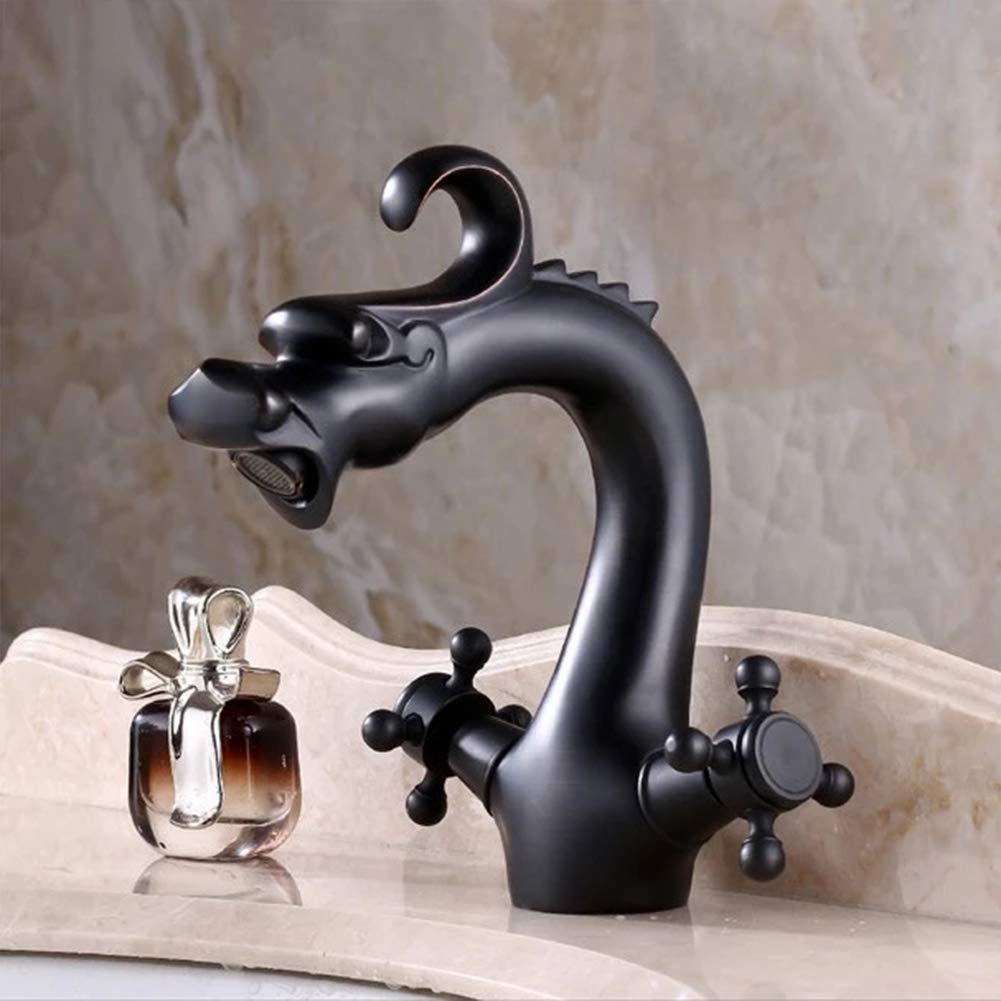 Wasserhahn Bad Waschtischarmatur, Schwarz Antikes Messing Waschtischmischer Armatur Kaltes Und Heißes Wasser Vorhanden, Geeignet Für Badezimmer Und Waschbecken, Zweigriff Waschtischarmaturen