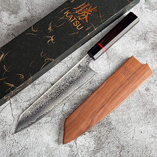 KATSU Kiritsuke Chef Knife - Damascus - Japanese Kitchen Knife - 8-inch - Handcrafted Octagonal Handle - Wood Sheath 