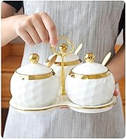 Vista 2 de Juego de 3 condimentos de cerámica de porcelana para cocina especias y azúcar con tapas cucharas y estante para azucarero servir té café especias
