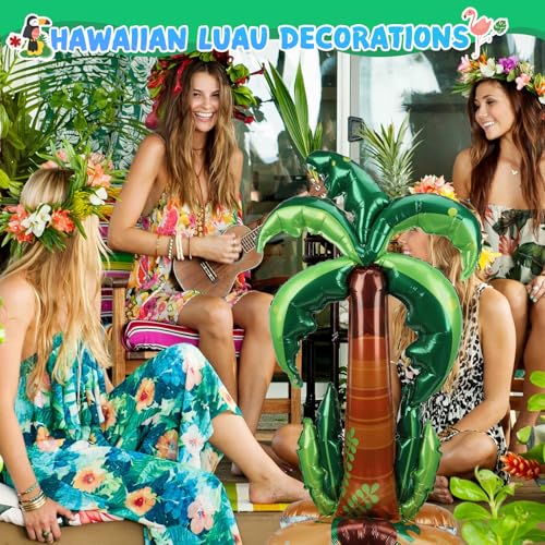 Image of PHOGARY 2 Pcs Big Palm Tree Balloons, Standing Inflatable Palm Tree Foil Balloon for Luau Hawaiian Birthday Party Decorations Pool Tropical Jungle Summer Beach Party Supplies