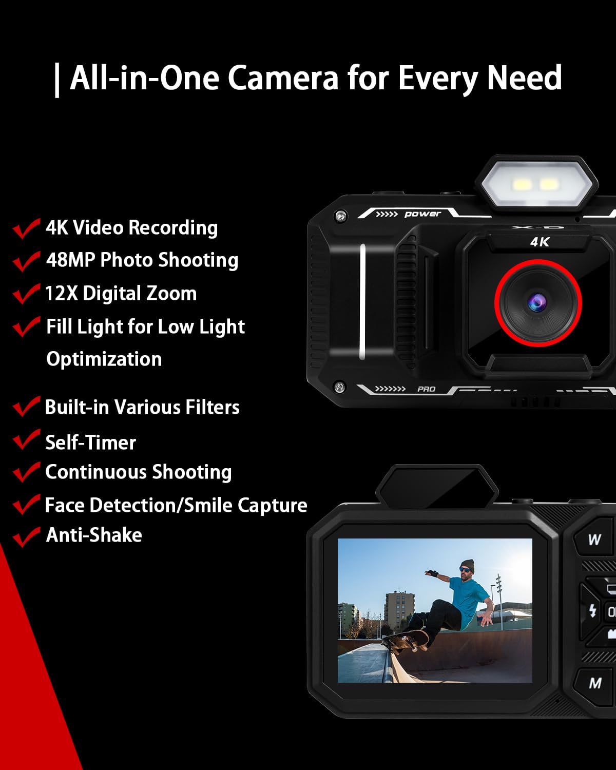 Macchina Fotografica Digitale, Bextgoo Fotocamera 4K per Vlog con Scheda da 64GB, Fotocamera con Autofocus da 48MP, Zoom 12X, Flash e Anti-Shake, Fotocamera Digitale Compatta per Adulti e Adolescenti