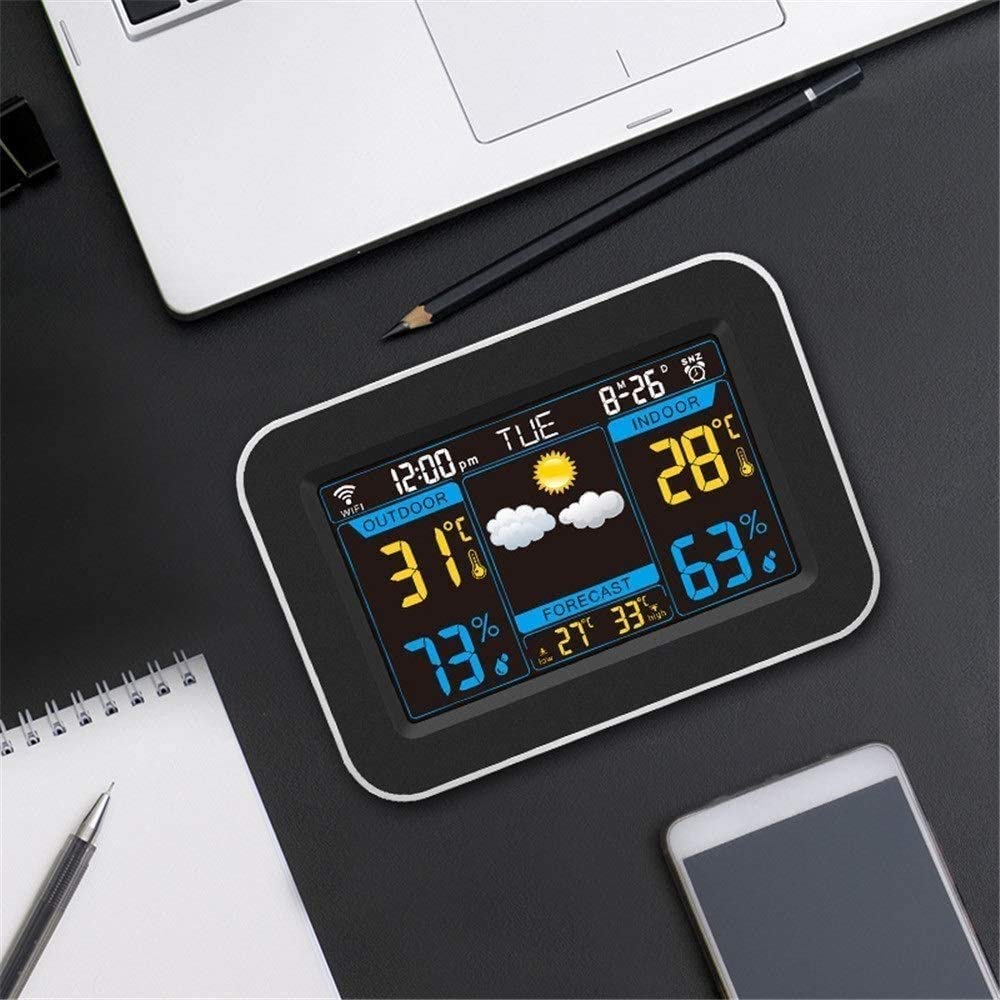 Stazione Meteo Wi-Fi |Sistema di monitoraggio remoto Interno/Esterno Mostra la Temperatura, l'umidità |Console a Colori LED Wireless con Dati previsionali (Color : Black)