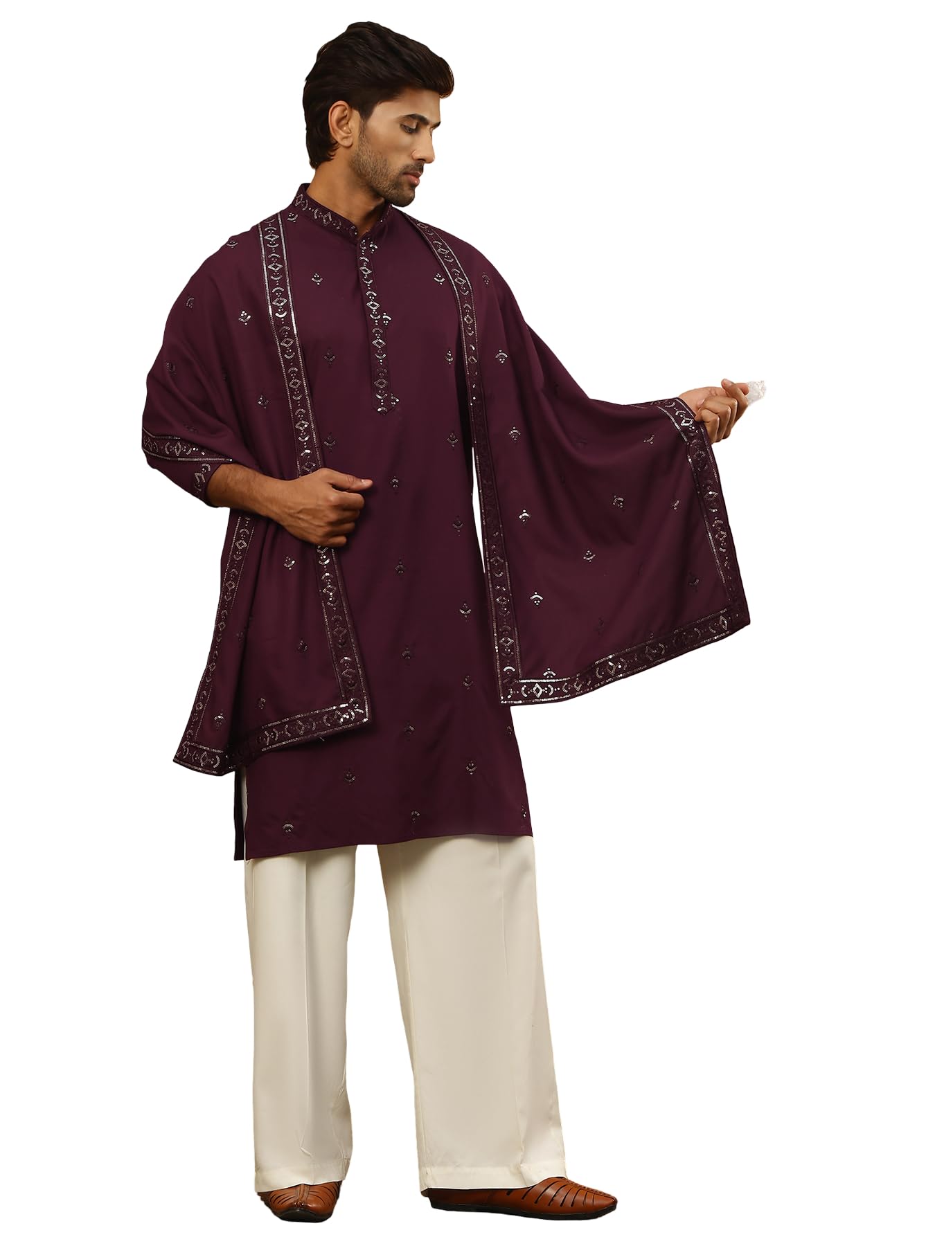 jompers Silk Blend Embroidered Kurta Pyjama with Dupatta (Mustard, S)-picture-39