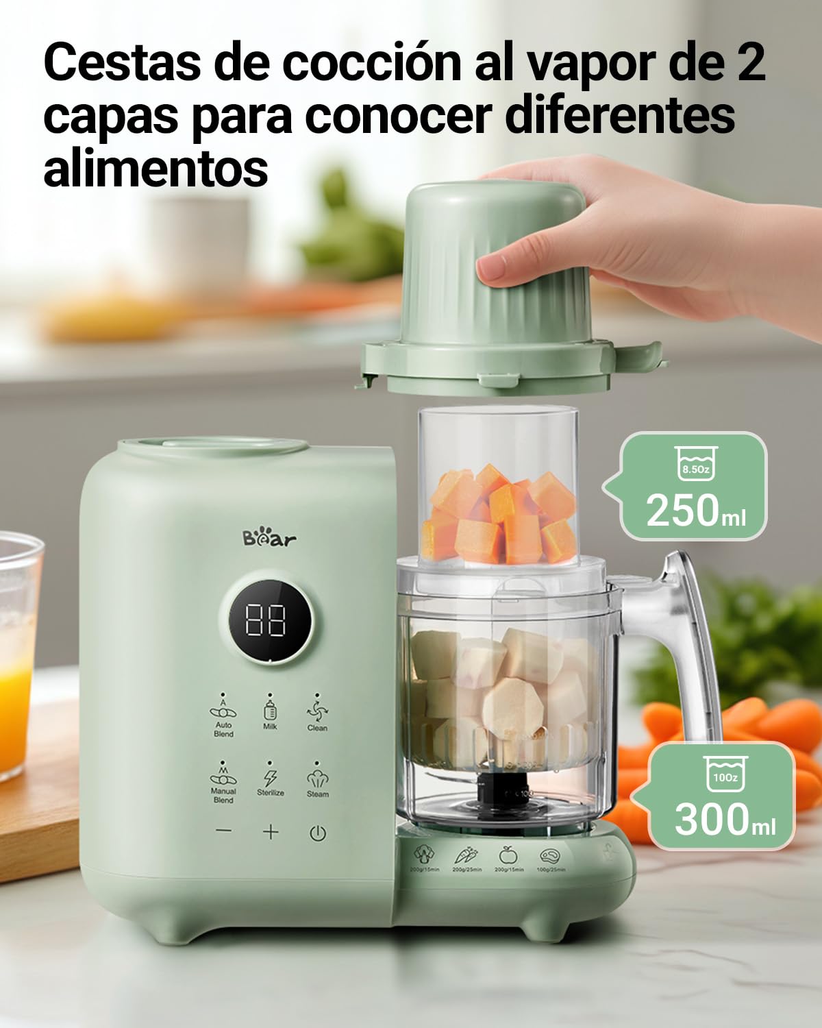 Bear Vaporera 6 en 1 con batidora premium para alimentos para bebés, vapor, agitación automática, calentamiento de leche, desinfección, función de autolimpieza, función de limpieza automática (Verde)