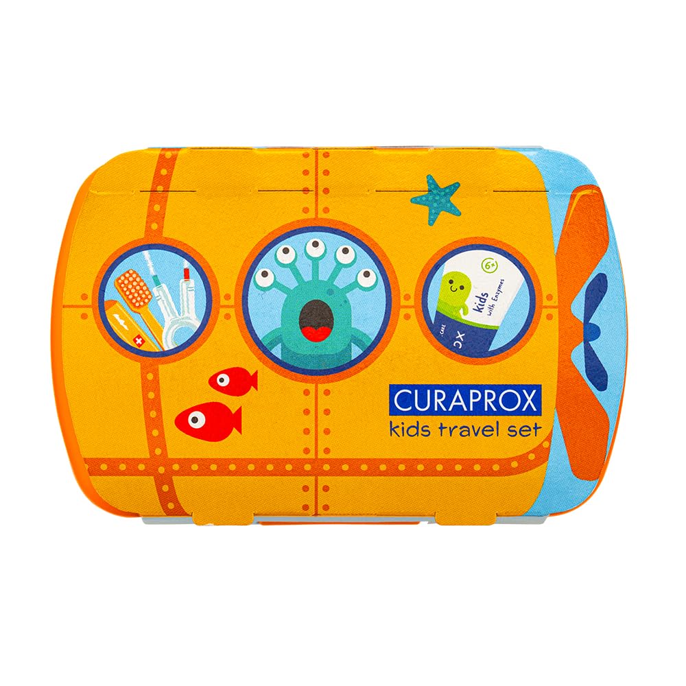Curaprox Kids Travel Dental Set, Orange – Ultra Soft 5500 filaments Kids Toothbrush, 10ml Fluoride Toothpaste & CPS Interdental Brush | Compact Oral Care Kit & Gift Set for Children 6–12 Years