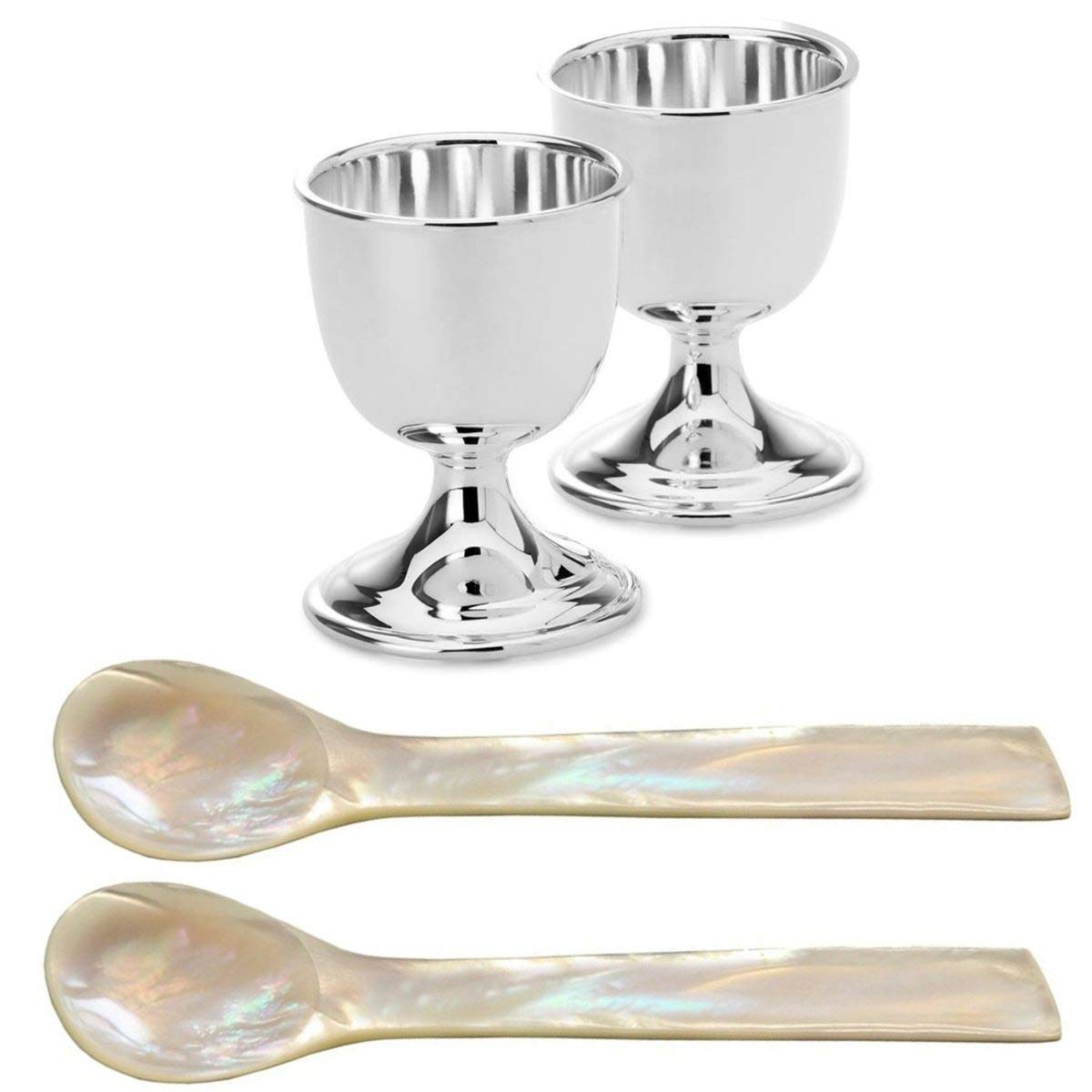 Juego de 2 cucharas para caviar, 12 cm de largo, de nácar, con 2 hueveras de plata chapada, juego de 4 unidades