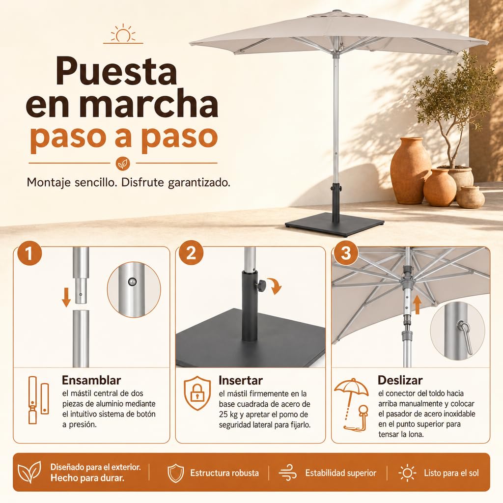 Parasol de Jardín, Sombrilla Cuadrada de Terraza con Protección UV50+ Estilo Minimalista, 3x3 m Beige