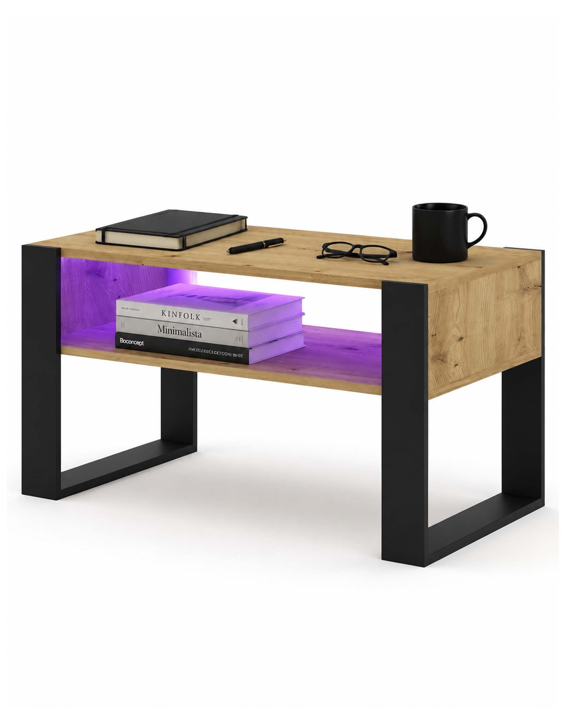 Mesa de Centro Moderna Roble y Negro con Doble Estante, Mesa de Café Estable y Maciza Tipo Loft, Mesa de Sofá Grande en Madera Laminada, 92x50x45cm