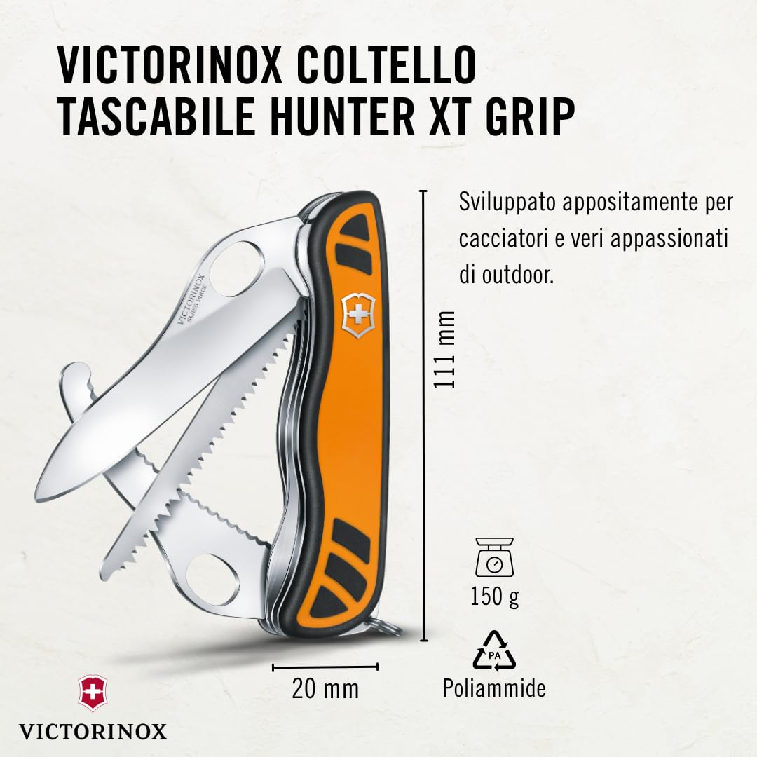 Victorinox Coltellino Svizzero Hunter XT Grip, Coltello per la Caccia, 6 Funzioni incl. Seghetto per Legno, Lama Bloccabile a Una Mano, Arancione/Nero