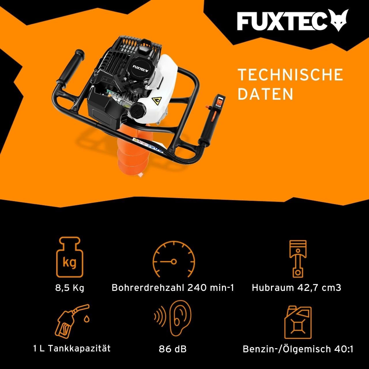 FUXTEC Benzin Erdbohrer FX-EB143ECO, Erdlochbohrer inkl. 2 Bohraufsätzen, 42,7 cm³ 2-Takt-Motor, 100/150 mm Bohrer, für Zaunbau, Garten & Fundament, Fliehkraftkupplung, ergonomisch, 8.5 kg