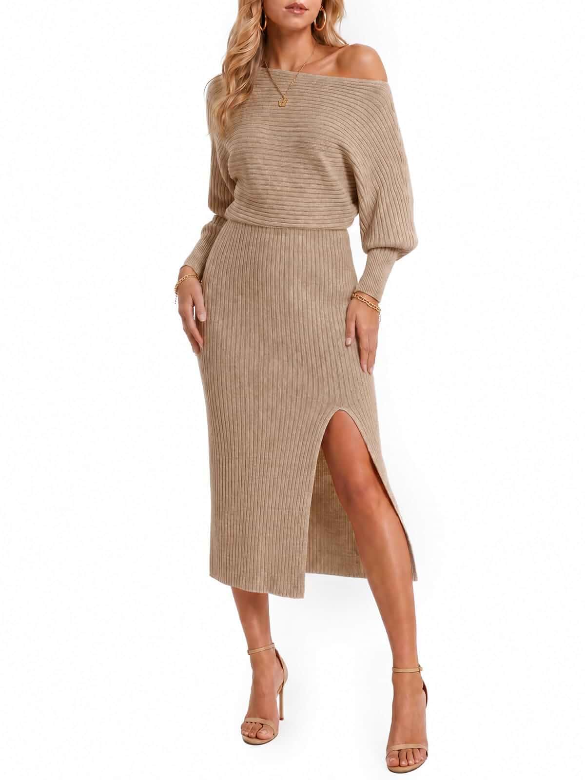 Wenrine Womens Off the Shoulder Sweater Dress Slit Fall Knit Midi Dress off the shoulder,ribbed knit,high slit,good stretch,elastic waist,high waist,long dolman sleeves,long sleeve,bodycon,winter
