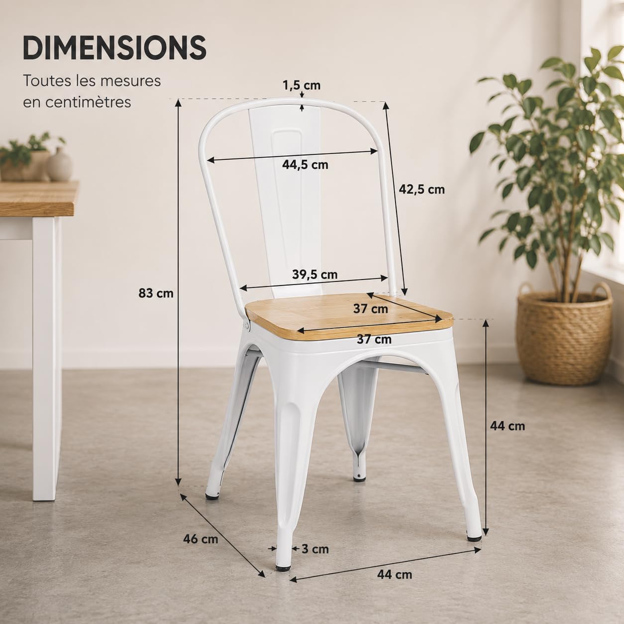 Kosmi Chaise Industrielle Blanche Métal et Bois – Style Factory Vintage – Assise Bois Naturel – Chaise de Salle à Manger, Cuisine, Restaurant, Café – Empilable – Robuste et Confortable