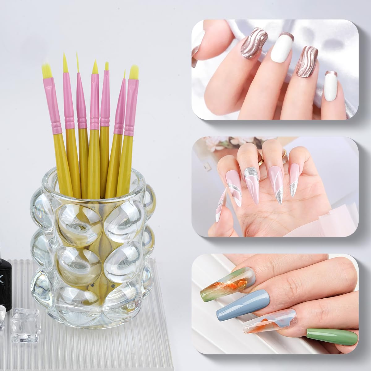 Pennelli per Unghie, Hechunzi 7 Pezzi Pennello per Gel Estensione Unghie Nail Art UV Gel Pittura Strumento per Decorazioni Unghie Painting Detailing Salone Casa Manicure DIY (Giallo)