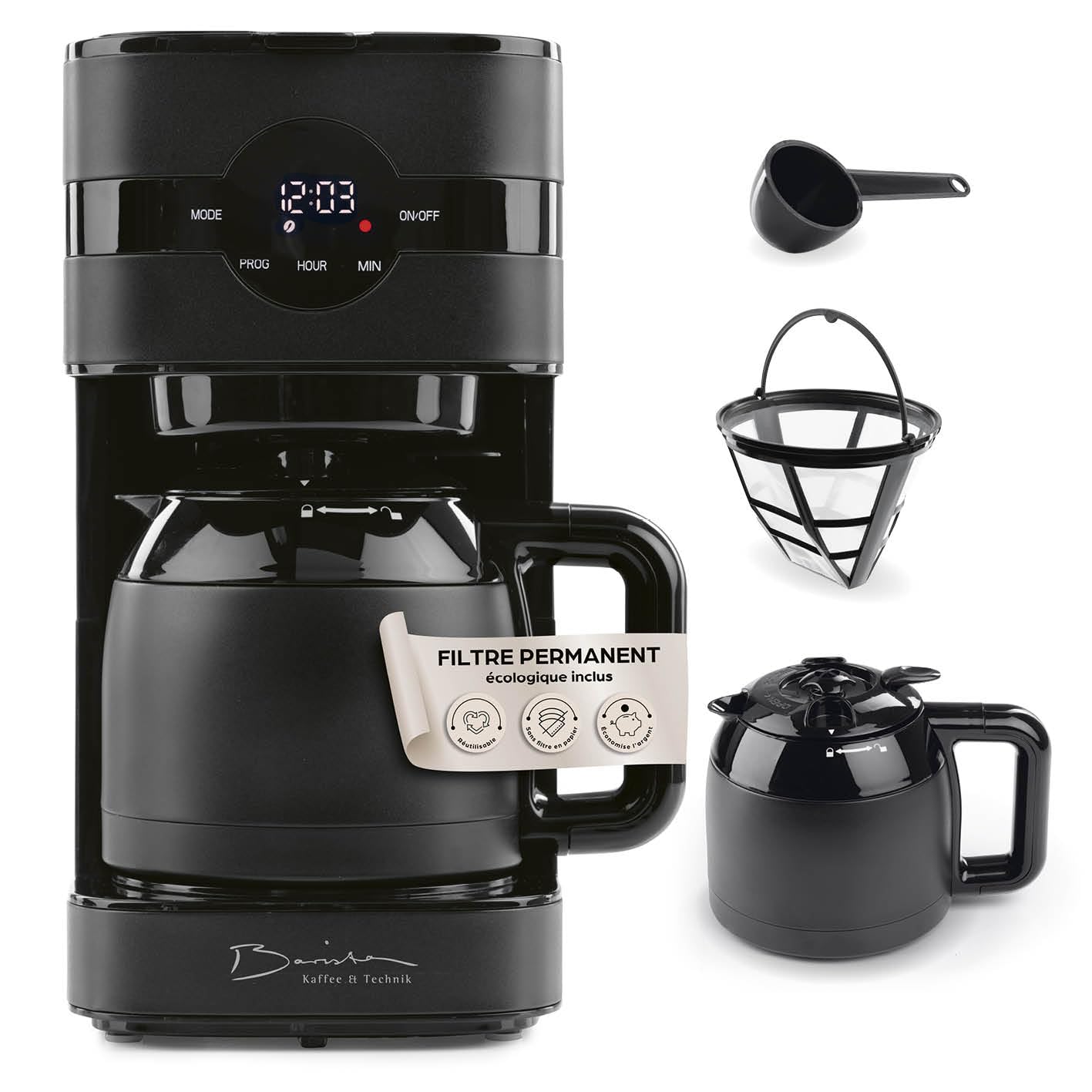 Barista Cafetière filtre avec thermos | Minuteur 24h & filtre permanent | Pour 8 tasses de café | Cafetière pour poudre [Noir]