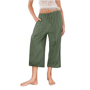 パンツ COMOLI COTTON LINEN BELTED PANTS 3 Amazon.com: Generic Women Cotton Linen Cropped Trousers
