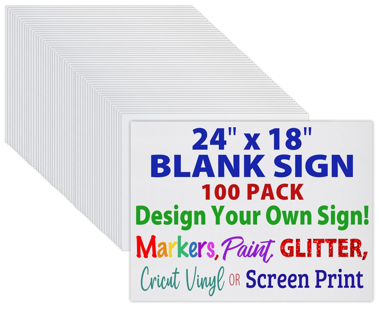 24x18 Blank Corrugated Plastic Yard Signs, Waterproof, Heavy Duty Outside Bulk White Sign Boards (100 Pack - White 24x18)