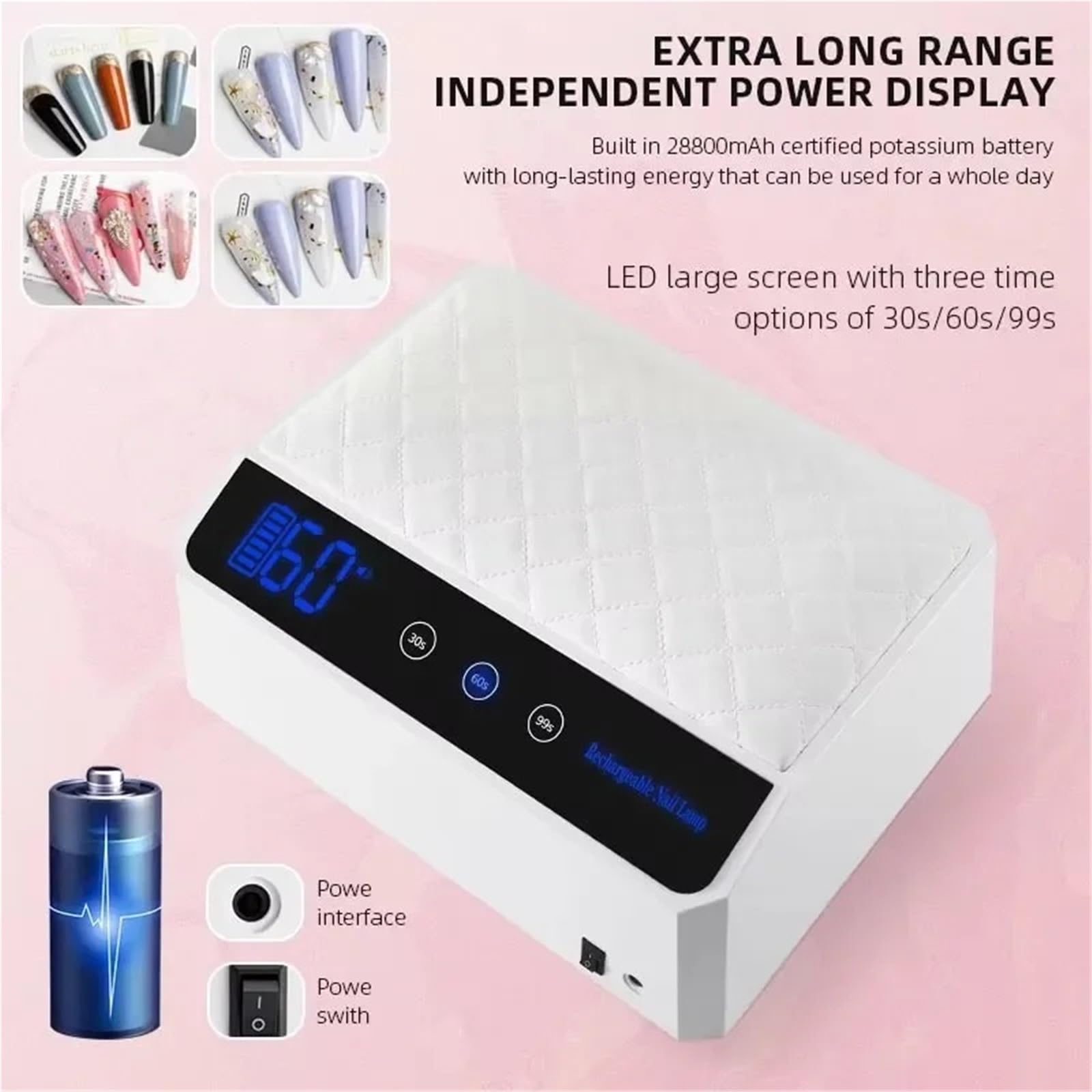 Lampara de uñas Lámpara de uñas UV LED de 178 W con almohadilla for las manos, diseño extra grande for dos manos, secador de uñas recargable.(Bianco)