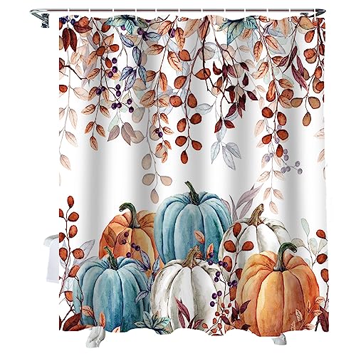 Fall Thanksgiving Shower Curtain, Watercolor Autumn Pumpkins Eucalyptus Leaves Shower...