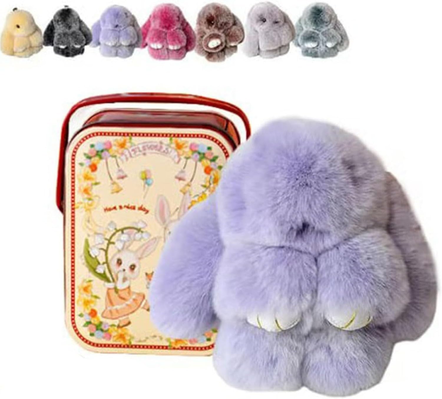 XIUNYIE Easter Bunny Plush Keychain in Iron Gift Tin, Fluffy Rabbit Keyring Kawaii Soft Furry Pendant for Handbag or Backpack Cute Decorative Charm, Birthday Christmas, #L