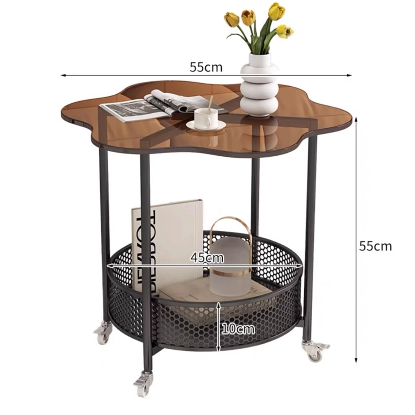 FAXIOAWA Tavolino da caffè per la casa a 2 Livelli, con scrivania in Vetro e 4 Ruote, tavolino Laterale portaoggetti a Doppio Strato, per Camera da Letto, Balcone, Giardino, corridoio,Nero