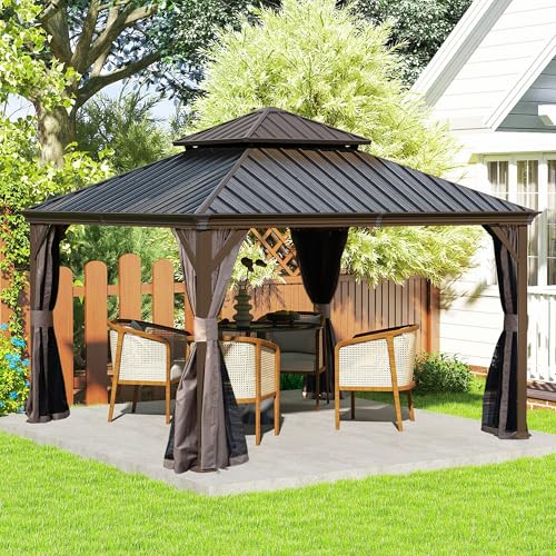Domi 13' X 13' Hardtop Gazebo, Upgraded Metal Gazebo with Drainage System, Dual-Layer Galvanized Steel Roof, Curtain and Netting, Outdoor Shelter Canopy for Patio, Garden, and Backyard, Brown