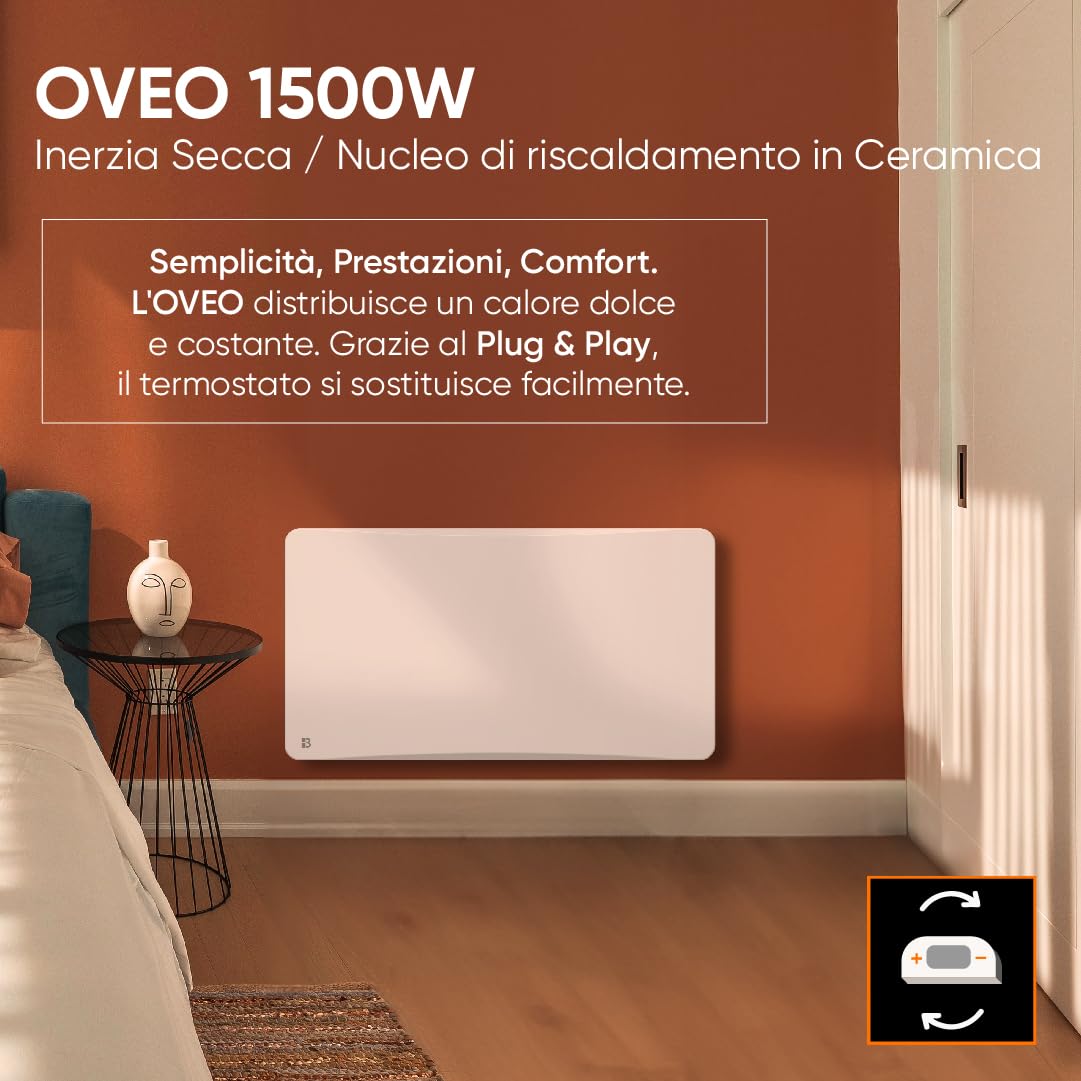 BESTHERM - Radiatore elettrico fisso a inerzia a secco in ceramica 1500W plug & play Bestherm orizzontale bianco
