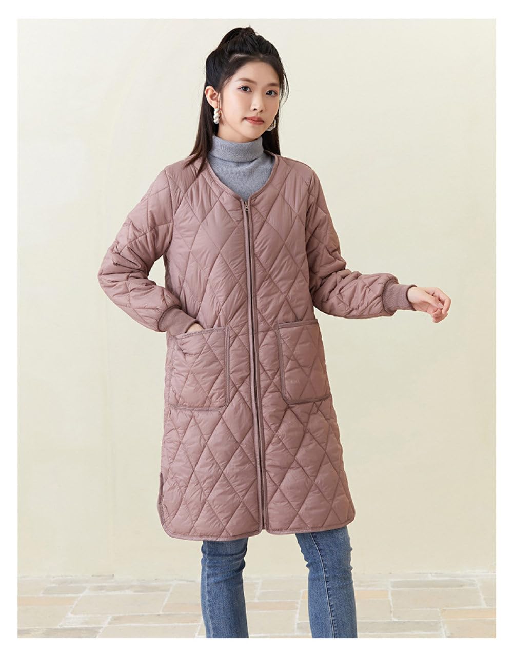 Giacche Trapuntate Da Donna Midi Invernale Caldo Trench,Marrone Viola Giacca Di Transizione Con Griglia A Rombi Girocollo Tinta Unita Maniche Lunghe Parka Con Zip Laterali Capispalla Con Tasche
