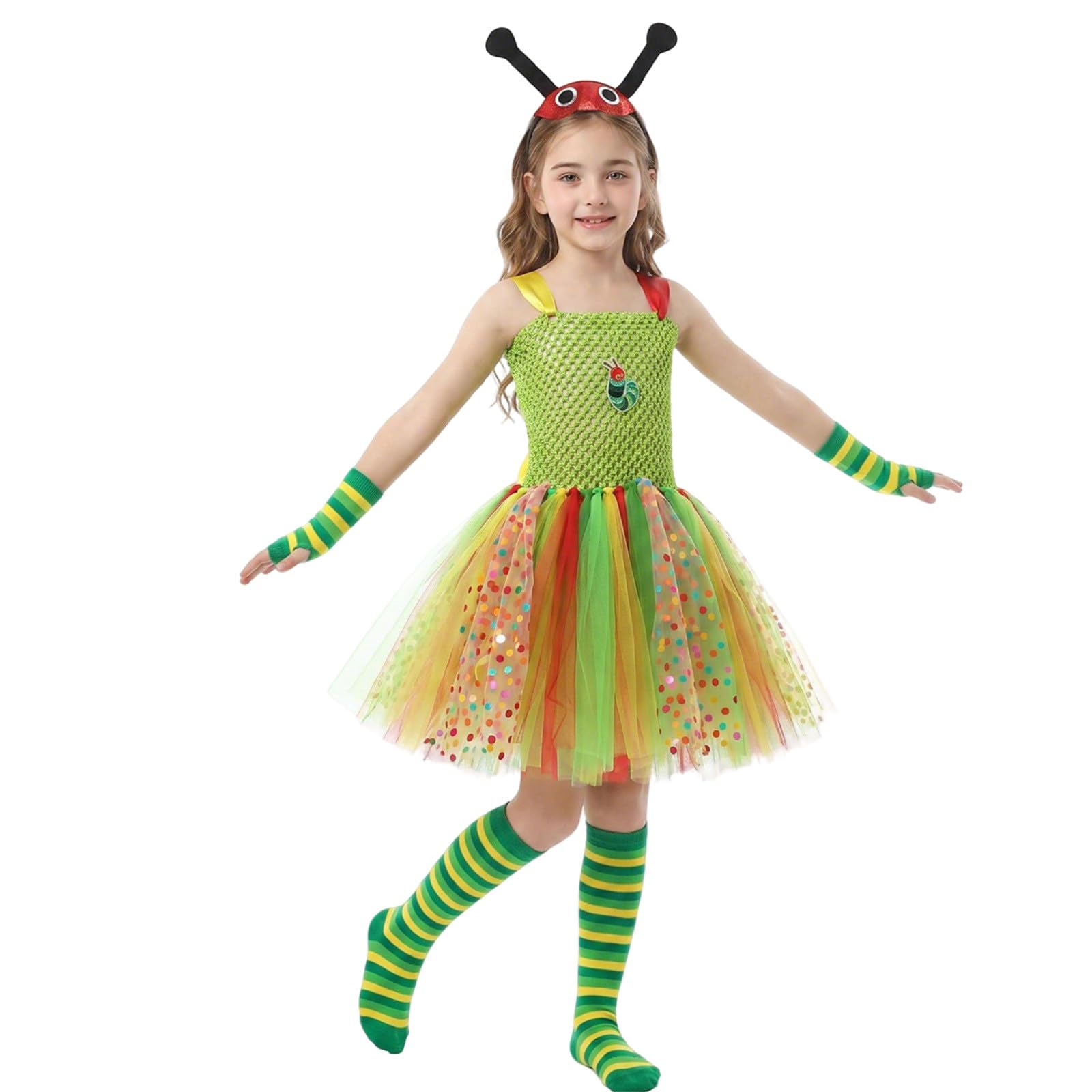 Kids' Hungry Caterpillar Costume, Cute Insect Tutu Dress with Antenna Headband, Gloves and Socks, Halloween and Book Week Outfit