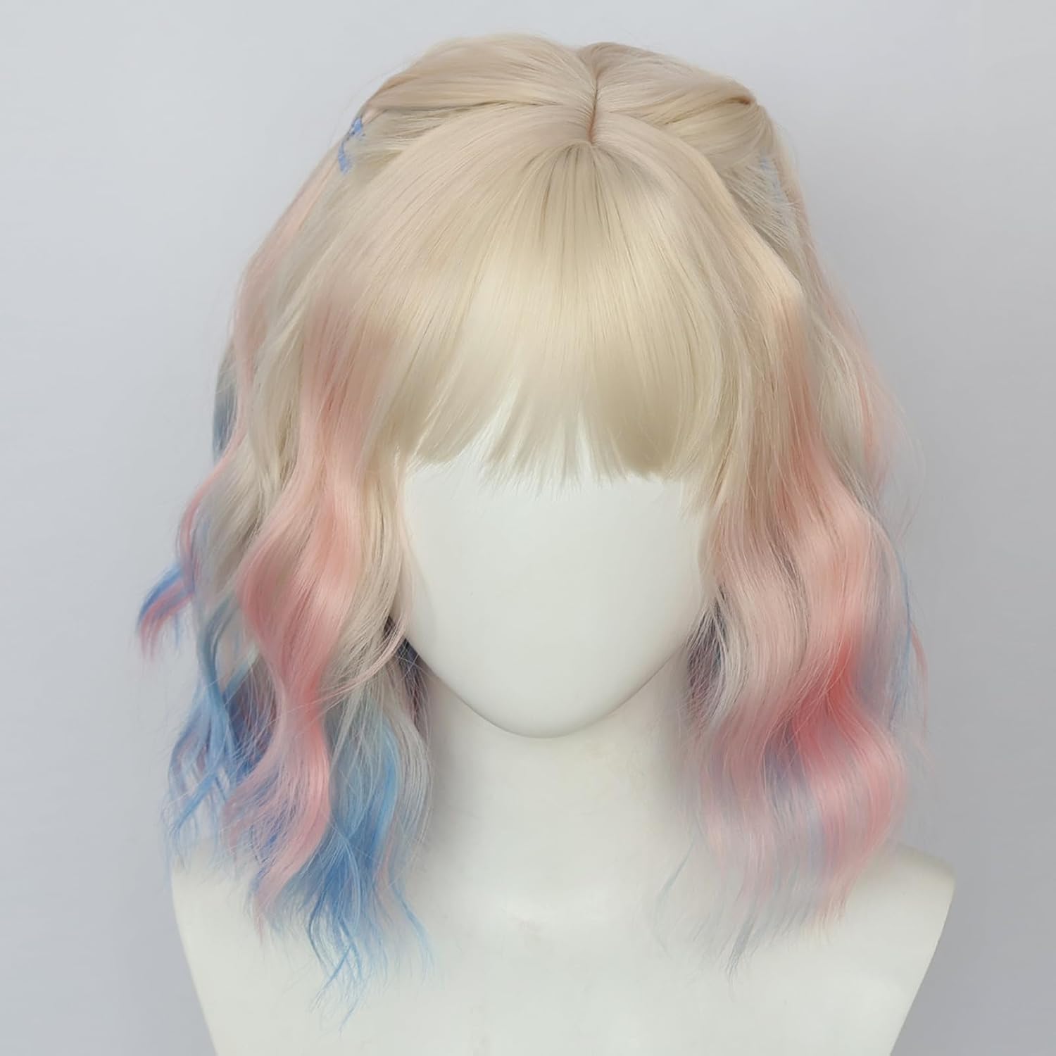 Blonde Short Wave Curly Girls Wigs with Pink Blue Hair Modern Halloween Anime Cosplay Wig Side Parted 20083