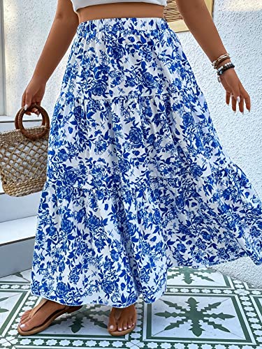 Makemechic Women's Plus Size Boho Floral Print Tiered Ruffle A Line Long Maxi Skirt Blue 2Xl #TOP3