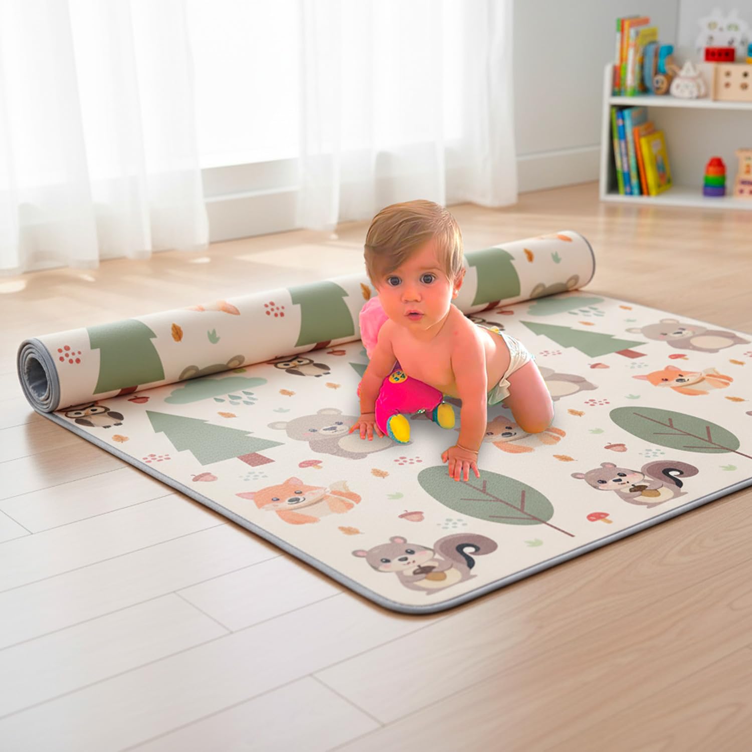 GIODICART Tappeto Gioco per Bambini, 200x150 cm, Spessore 10mm, Motivo Bosco con Animali, Arrotolabile