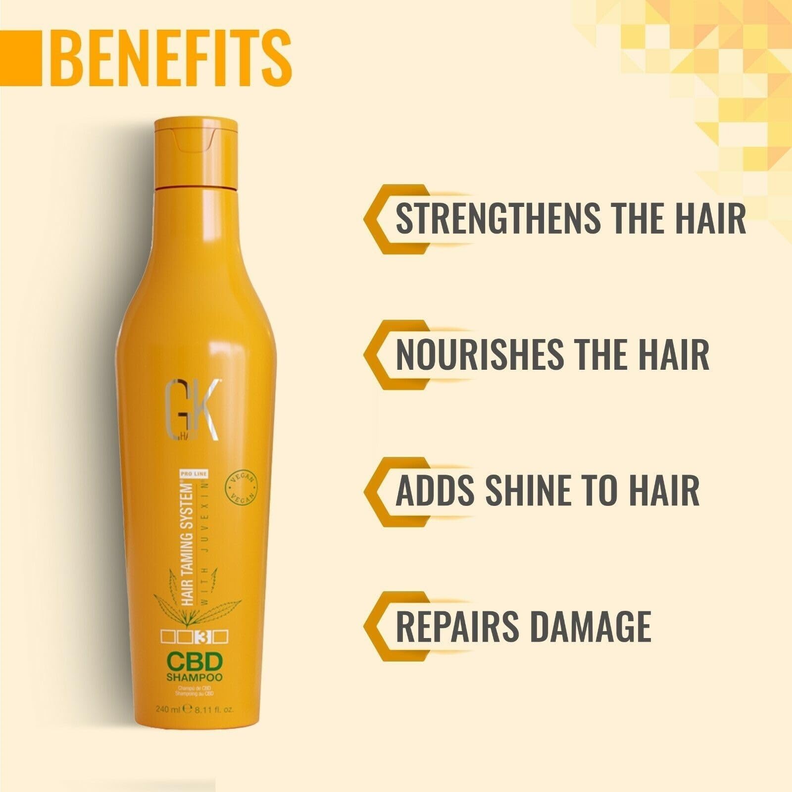 GK HAIR Global Keratin Hemp Shampoo (240ml / 8.11 FL Oz) Idratante, rinforzante, colore trattato, riparazione danneggiata, nutriente e lucentezza infusa con solfato organico vegano senza parabeni