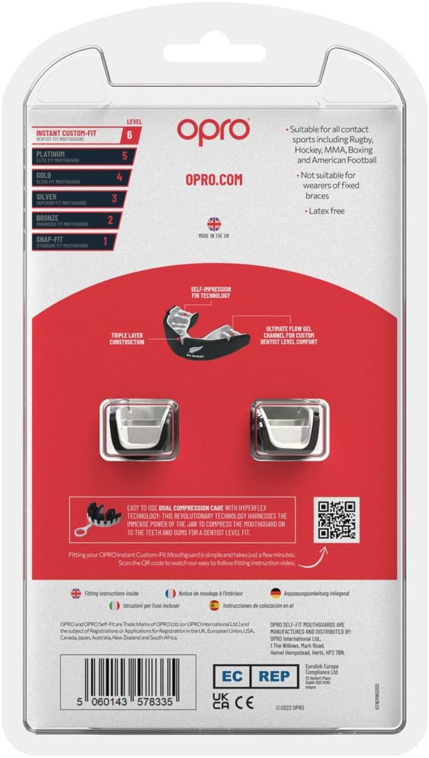 OPRO Instant Custom-Fit Mouth Guard, Dentist Mouthguard, Revolutionary Fitting Technology for Ultimate Comfort, Protection & Fit, Gum Shield for Rugby, Boxing, Hockey, MMA (All Blacks, Adult)