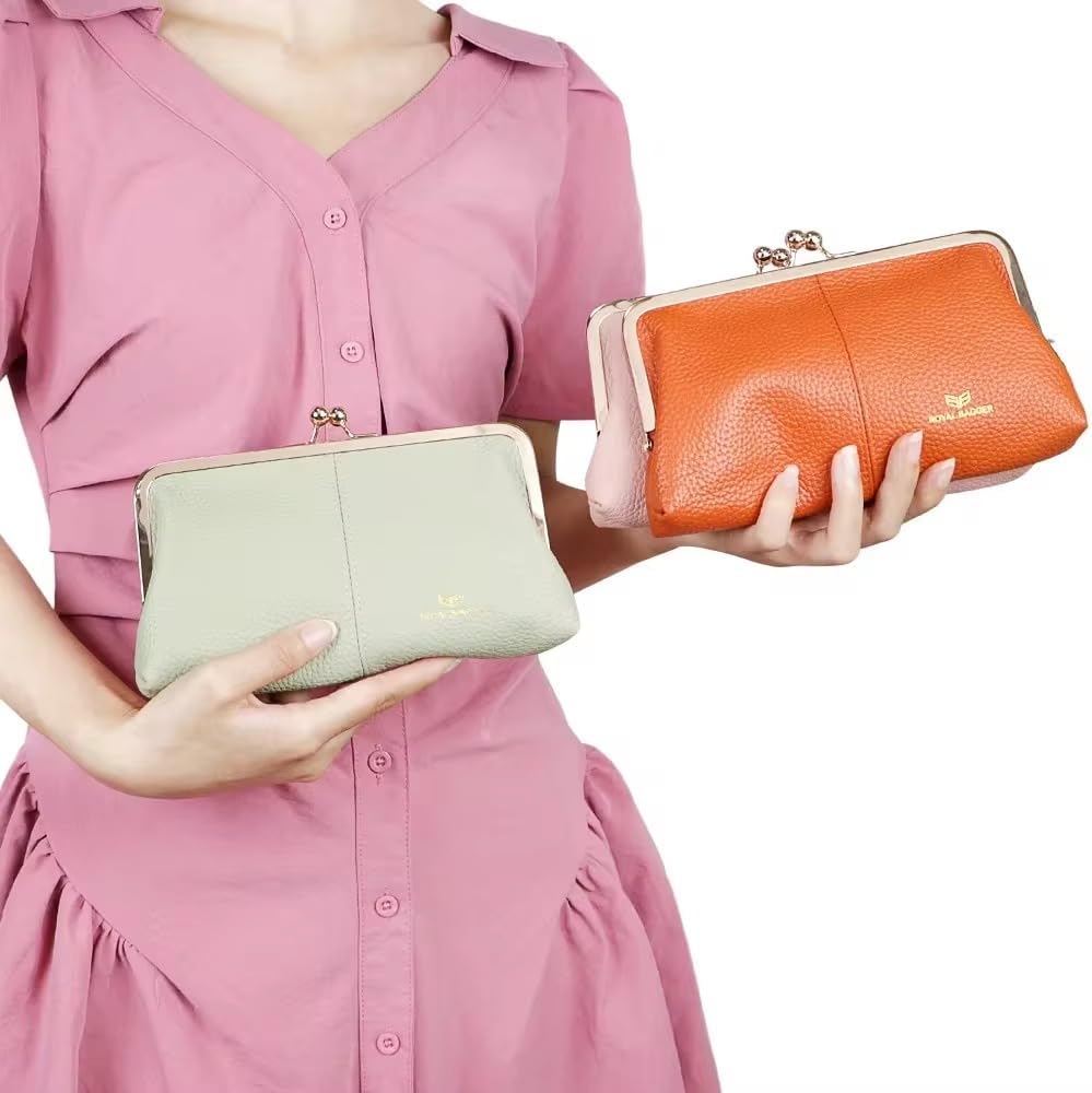 Royal Bagger RFID Kiss Lock Wallet, Solid Color Multi-card Slots Card Holder, Genuine Cow Leather Clutch Purses for Women 1468 (Pink) - Image 8